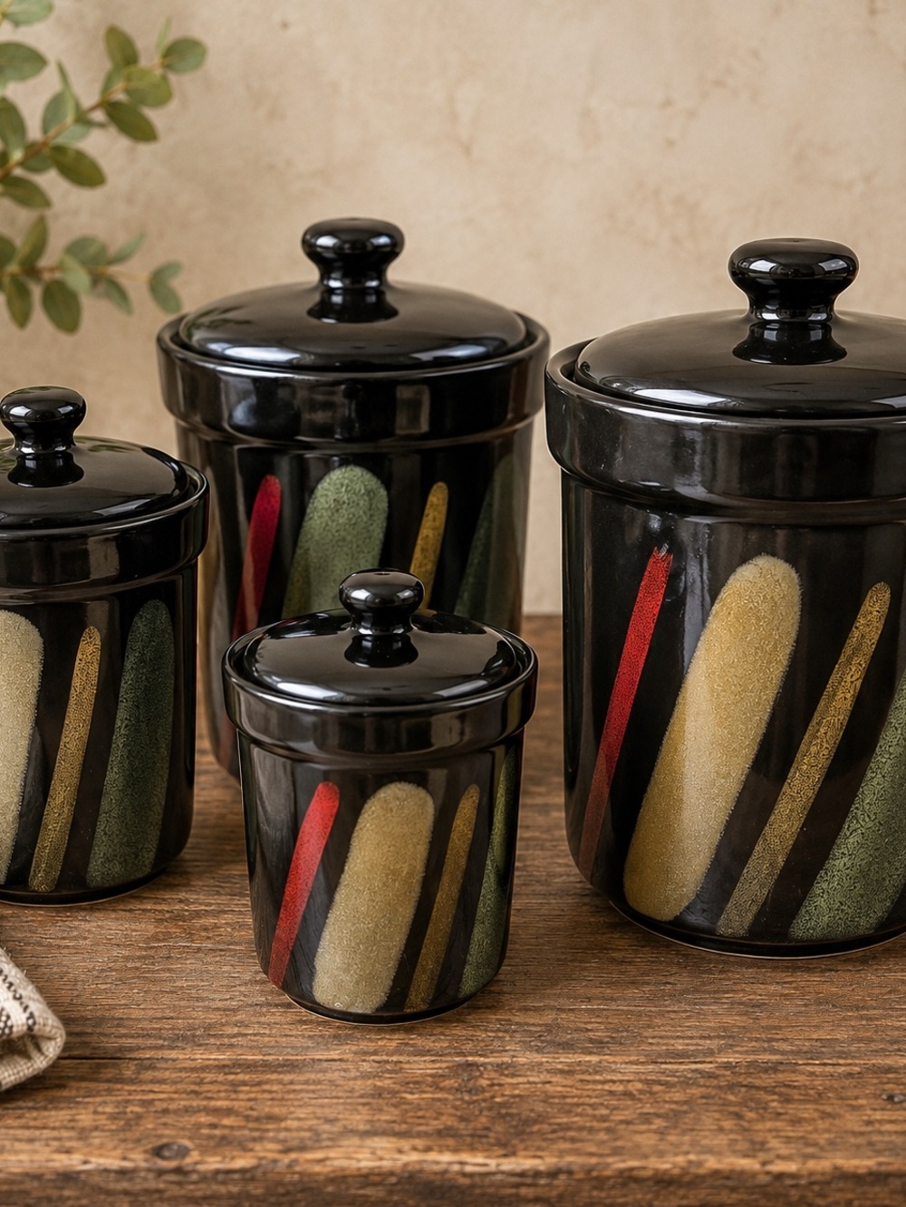 Sango Black Ceramic Canister Set with Red, Green, Yellow Accents